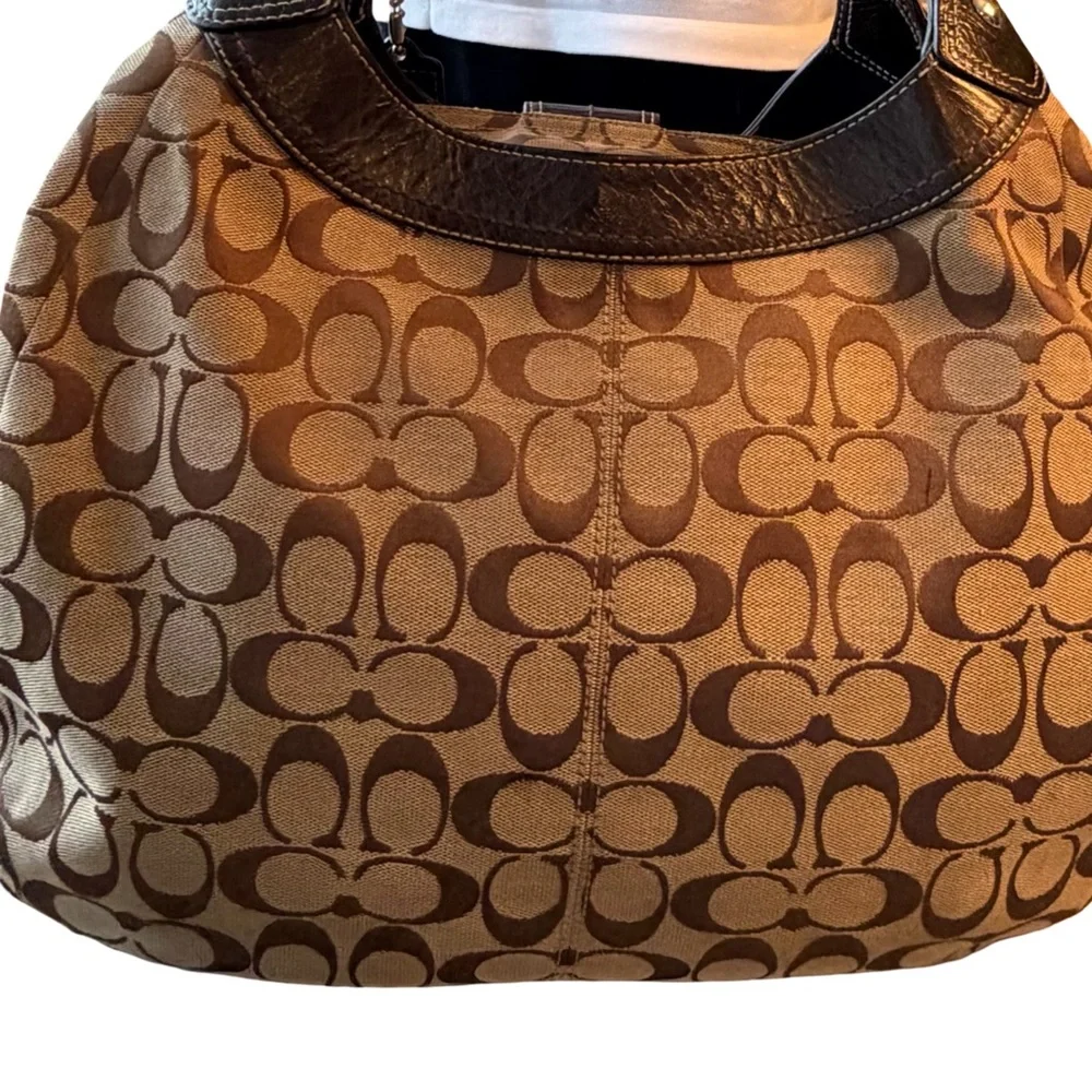 Coach Brown Signature Canvas Shoulder Bag with Dark Brown Leather Trim - Picture 2 of 7